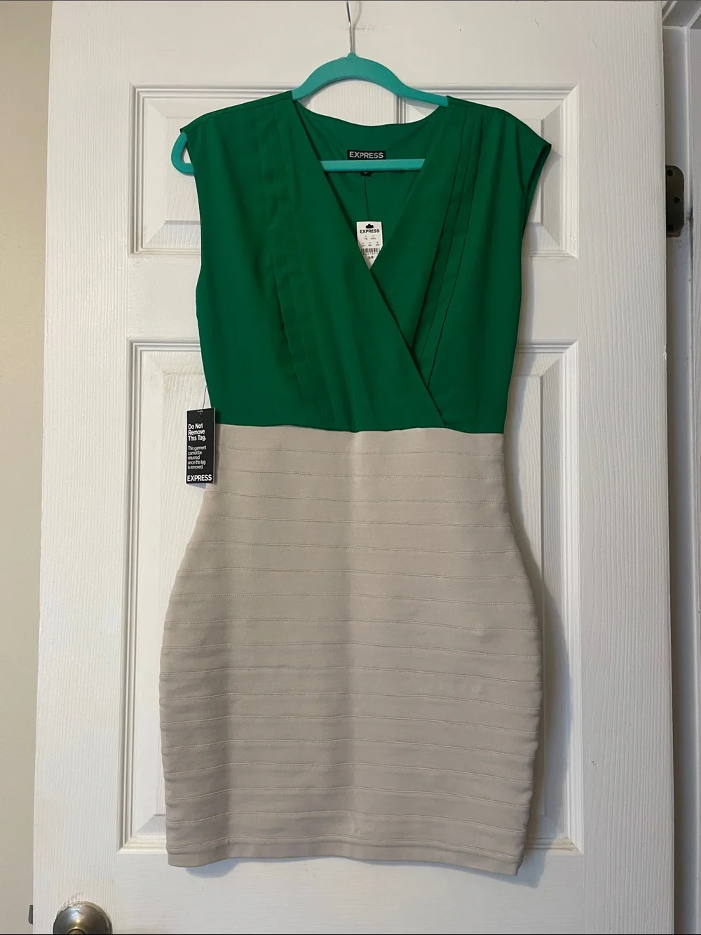 Express Green V-Neck Top with Cream Fitted Mini Skirt
